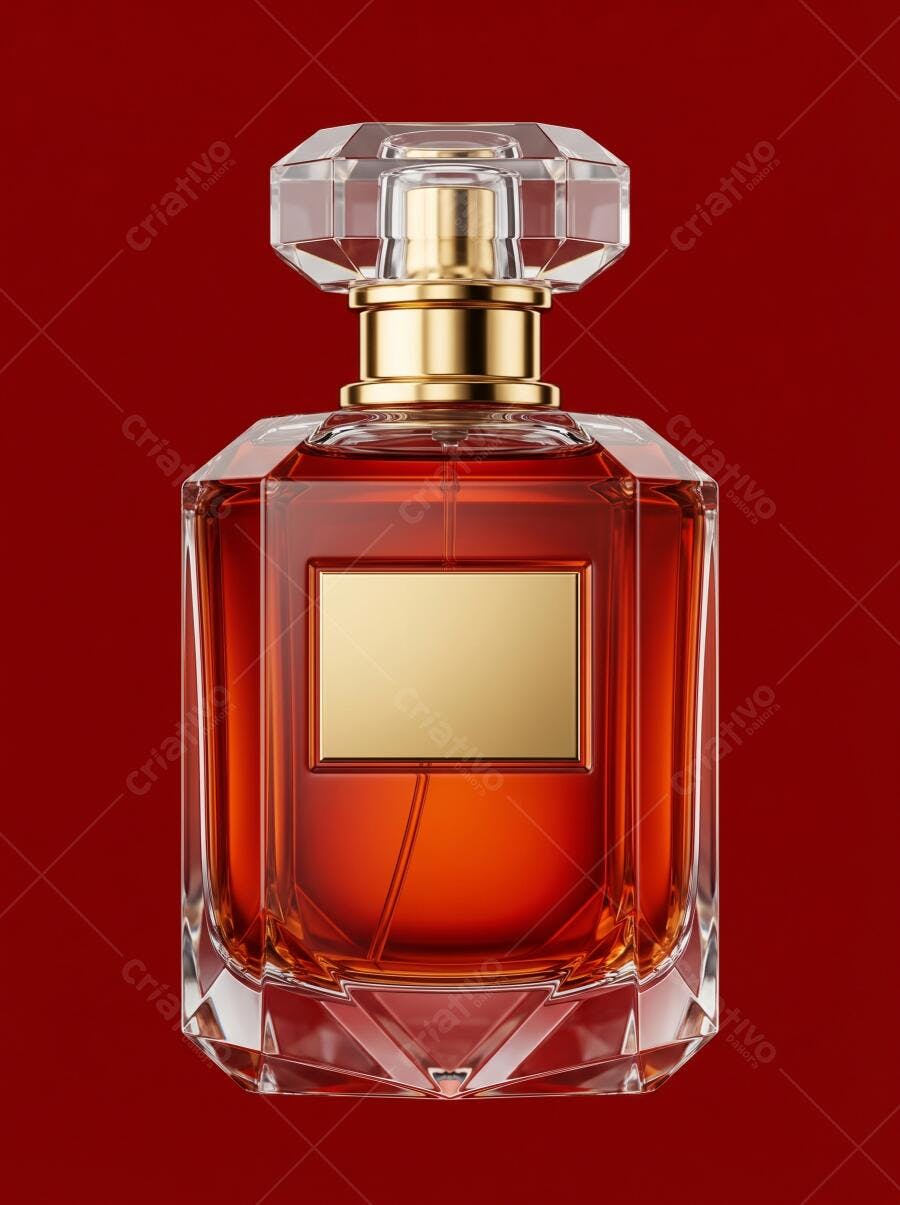 Foto Produto Perfume Frasco Cristal Dourado Fundo Vermelho
