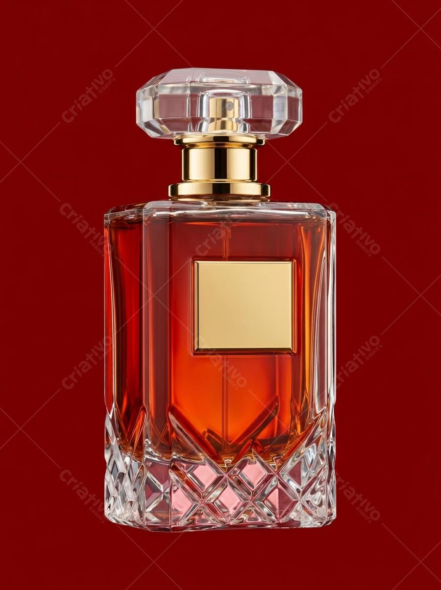 Foto Produto Perfume Frasco Cristal Dourado Fundo Vermelho