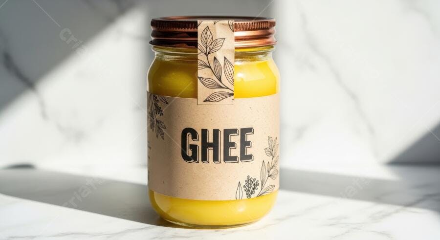 Foto Produto Pote de Ghee Manteiga Clarificada em Bancada de Mármore