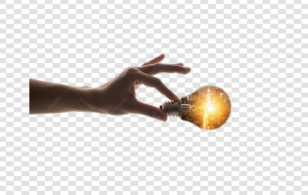 Foto Recortada Mão Segurando Lâmpada Acesa PNG Fundo Transparente