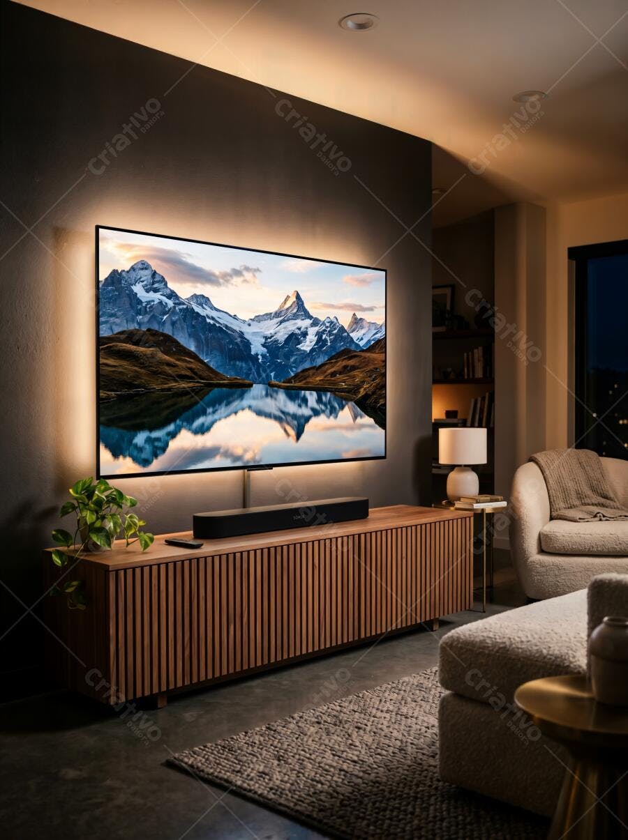 Foto Sala de Estar Moderna TV Montanha Iluminação Indireta