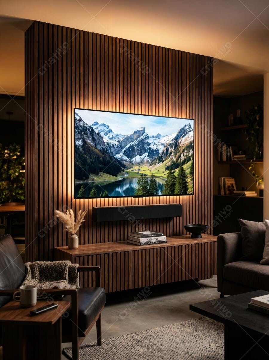 Foto Sala de Estar Moderna TV Painel Ripado Madeira Iluminação Indireta