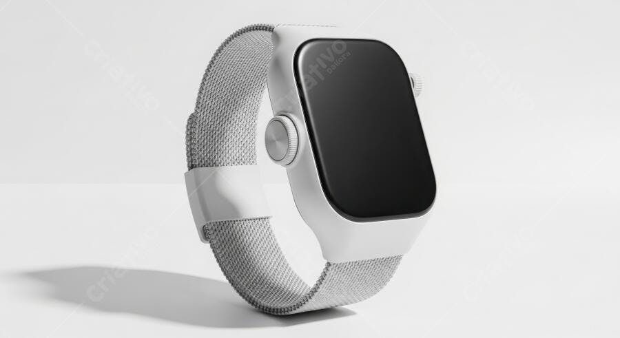 Foto Smartwatch Branco Pulseira Metálica Fundo Minimalista