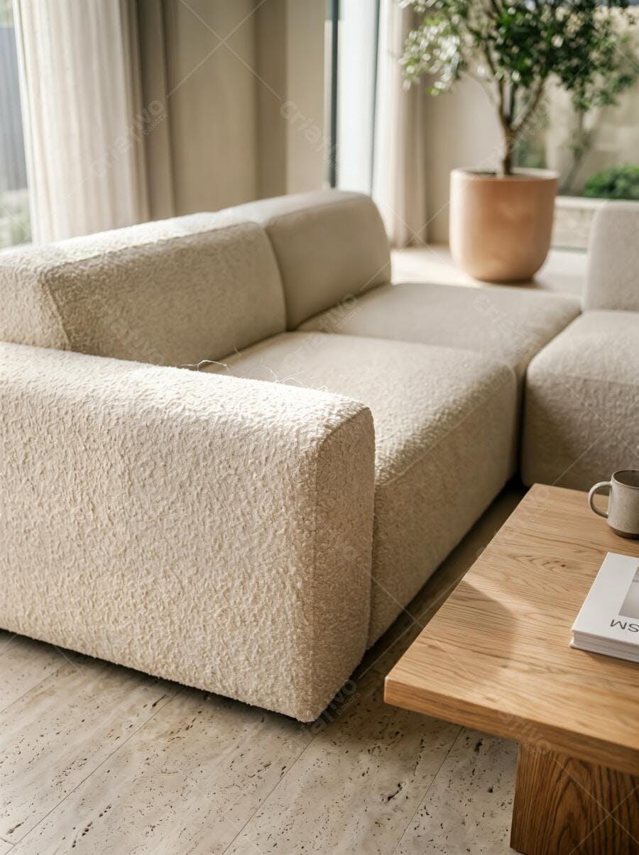 Foto Sofá Modular Bege Textura Bouclé Sala Estar Moderna