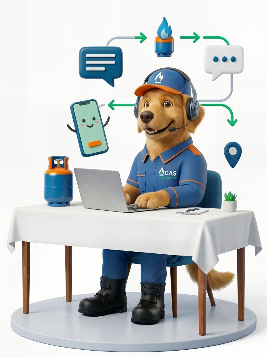 Ilustração 3D Cachorro Atendente Suporte Gás Online