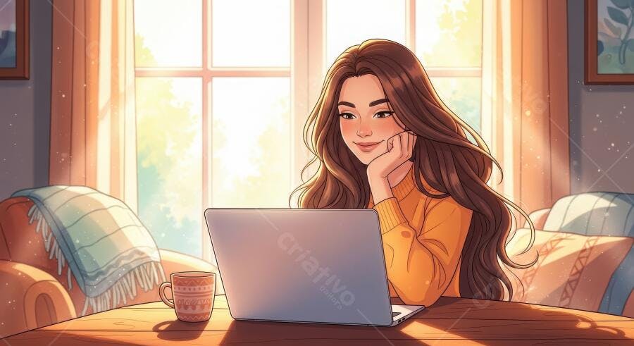 Ilustração Mulher Jovem Trabalhando Notebook Home Office Manhã