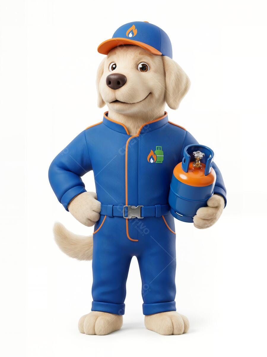 Mascote Cachorro Entregador Gás Botijão Azul e Laranja