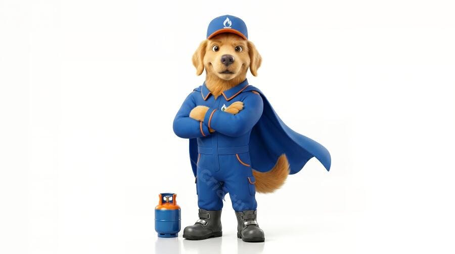 Mascote Golden Retriever Herói Gás Capa Azul Ilustração 3D