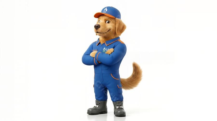 Mascote Golden Retriever Uniforme Azul Braços Cruzados Fundo Branco