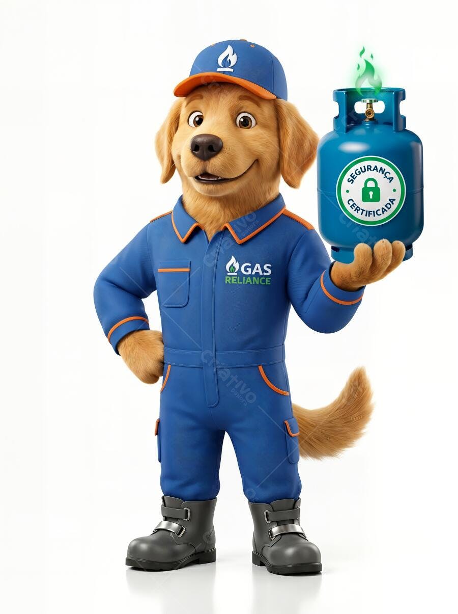 Mascote Golden Retriever Uniforme Segurando Botijão de Gás