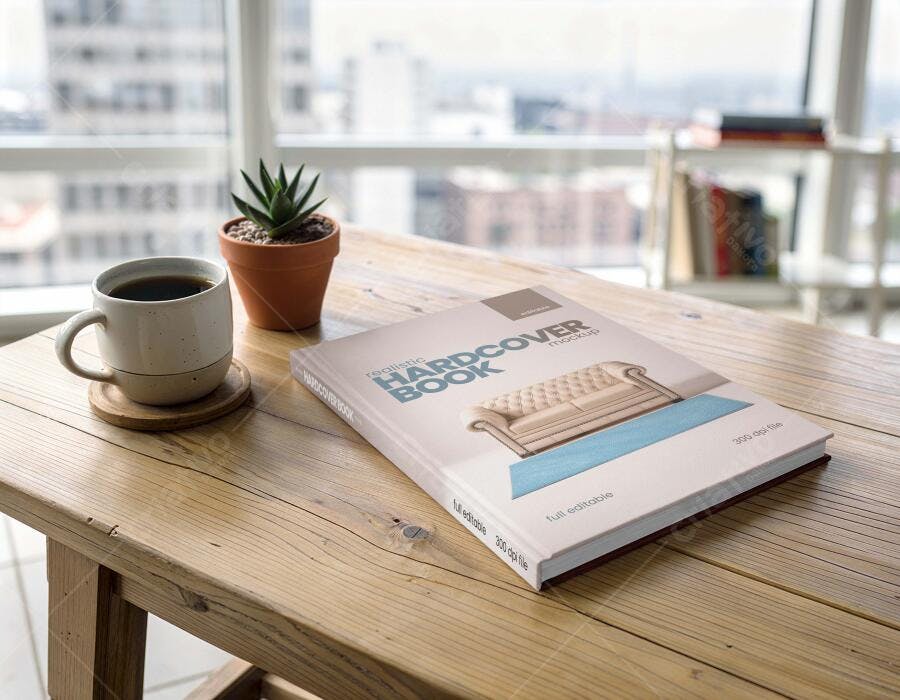 Mockup Livro Capa Dura Mesa Madeira com Café Editável