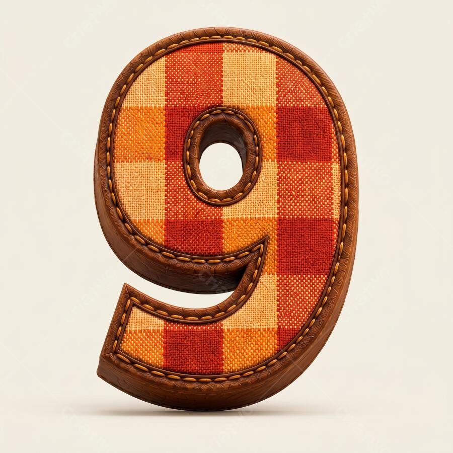 Número 9 Xadrez Marrom Laranja Textura Tecido Costura