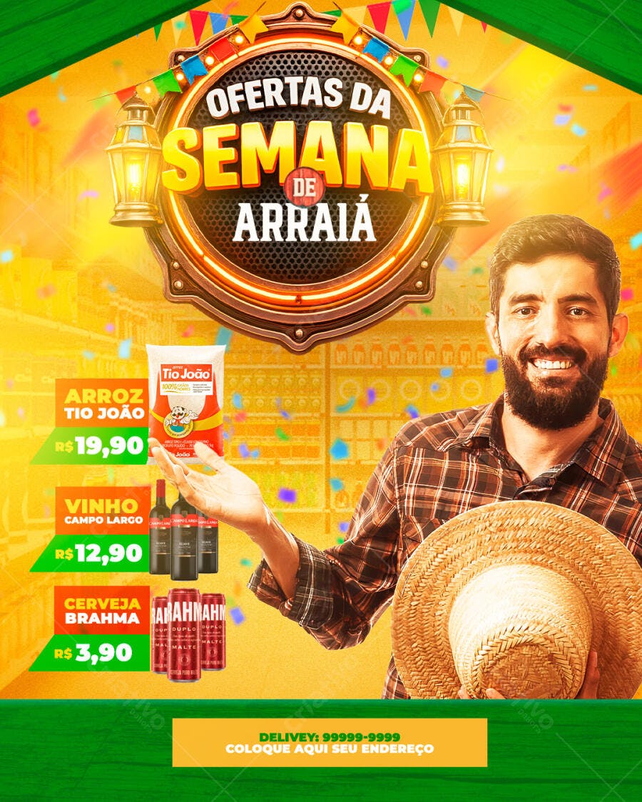 Post Instagram Ofertas Semana de Arraiá Supermercado PSD Editável