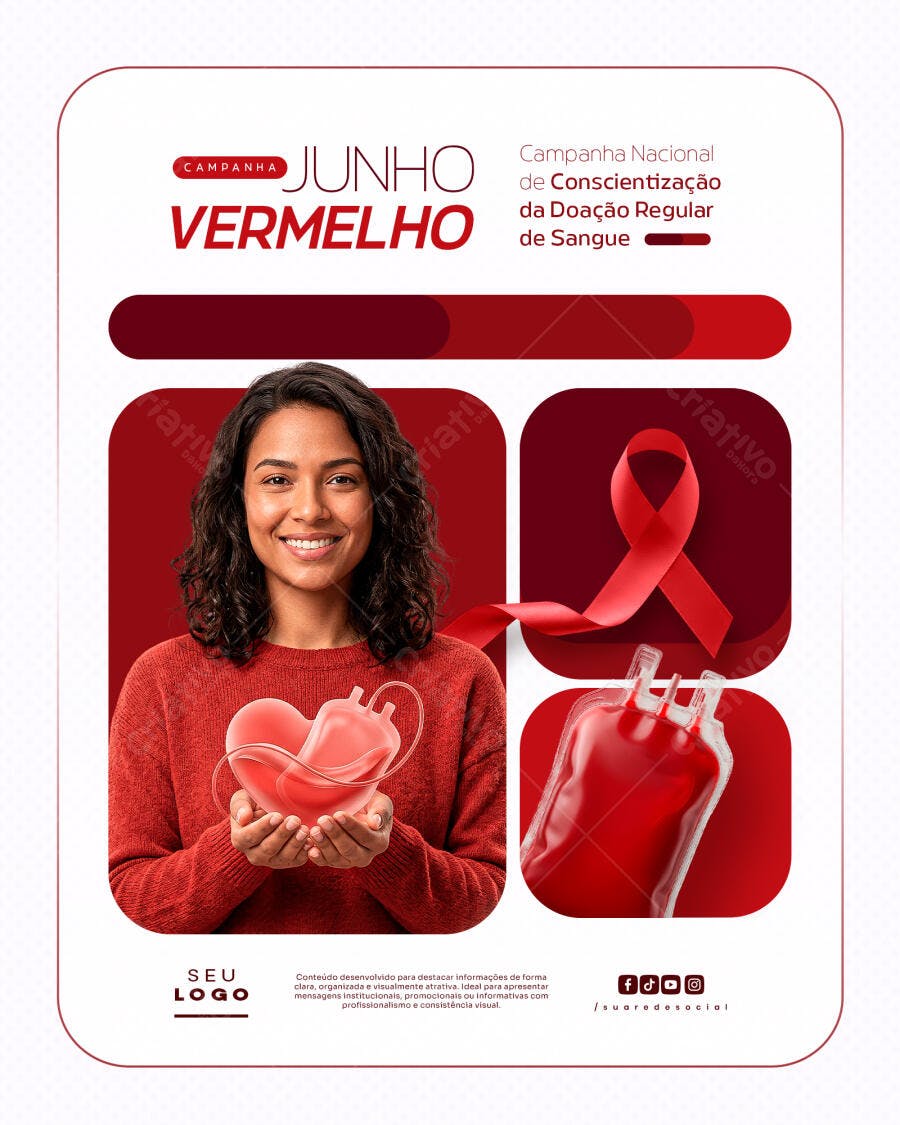 Post Junho Vermelho Doação de Sangue PSD Editável