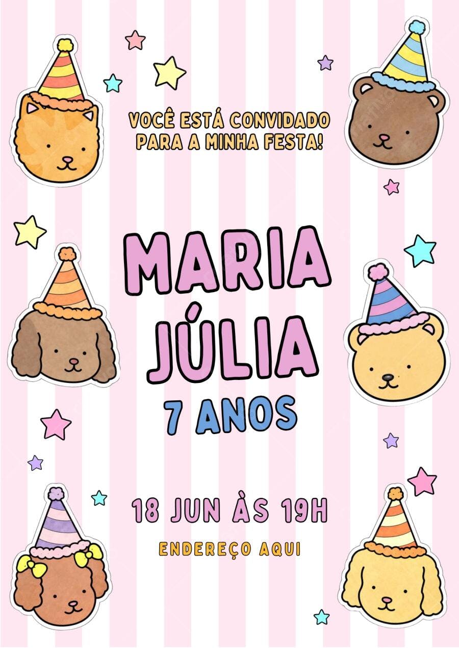 Convite Aniversário Infantil Bichinhos Fofos 7 Anos Editável