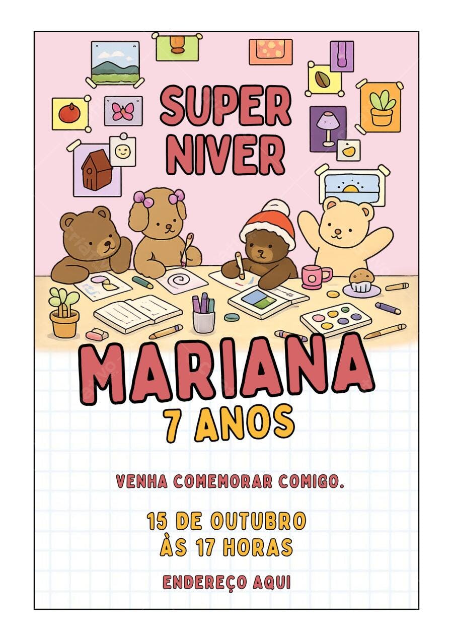 Convite Aniversário Infantil Ursos Fofos 7 Anos Editável