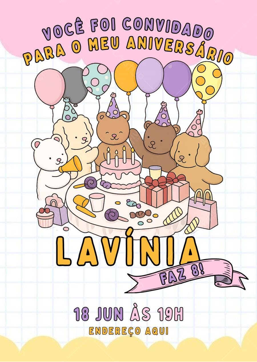 Convite Aniversário Infantil Ursos Fofos 8 Anos Editável