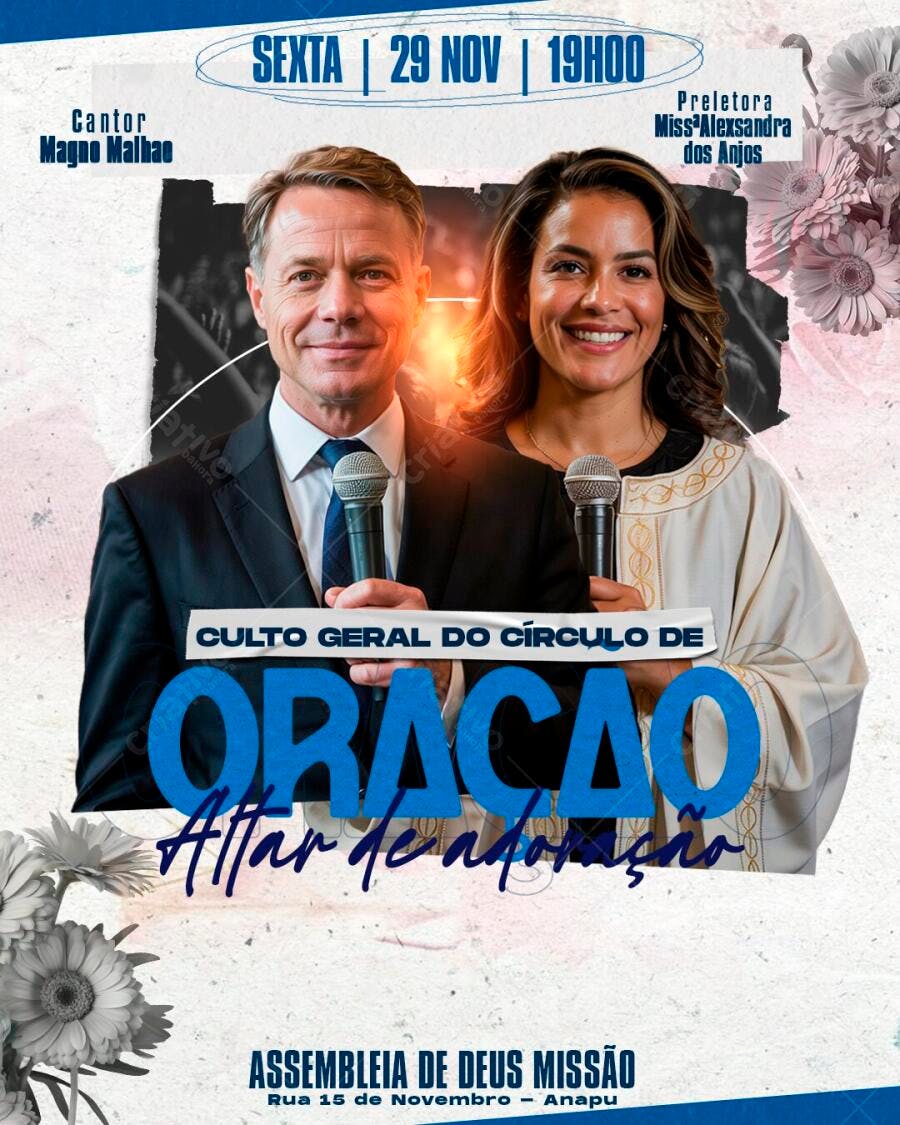 Flyer Culto Oração Igreja Assembleia de Deus PSD Editável