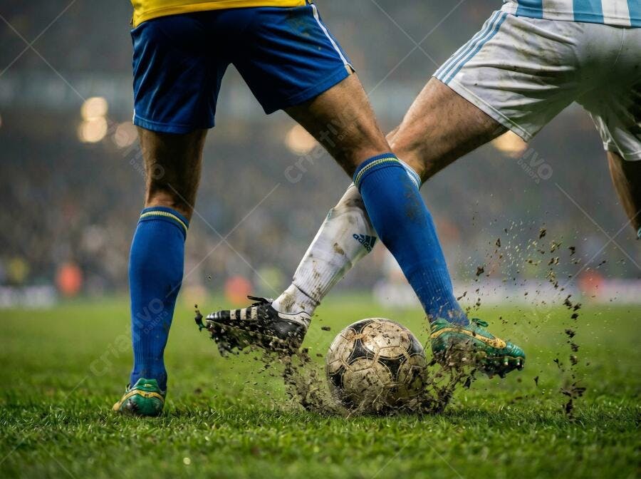 Foto Jogadores Futebol Disputa Bola Campo Gramado
