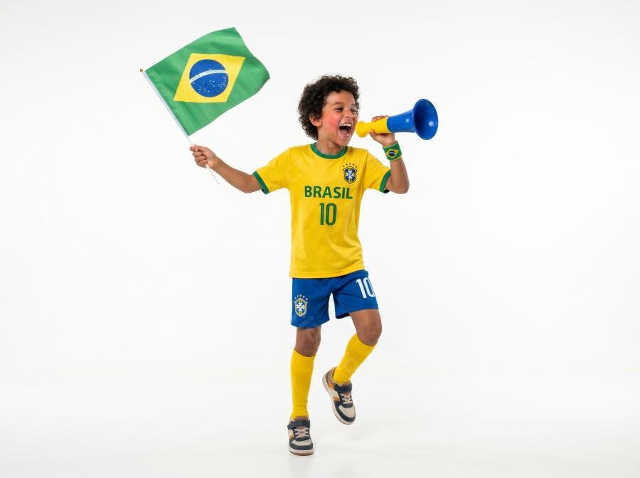 Foto Menino Brasileiro Torcendo Bandeira do Brasil Megafone