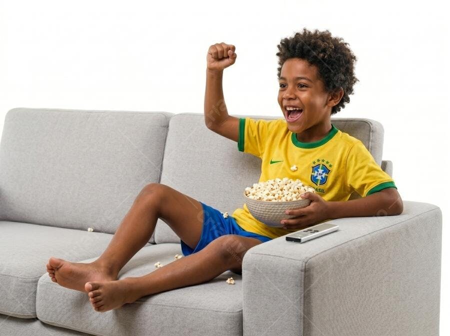 Foto Menino Negro Torcendo Futebol Camisa Brasil Sofá