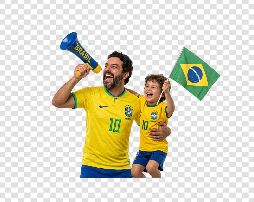 Foto Recortada Pai e Filho Torcendo Brasil PNG Fundo Transparente