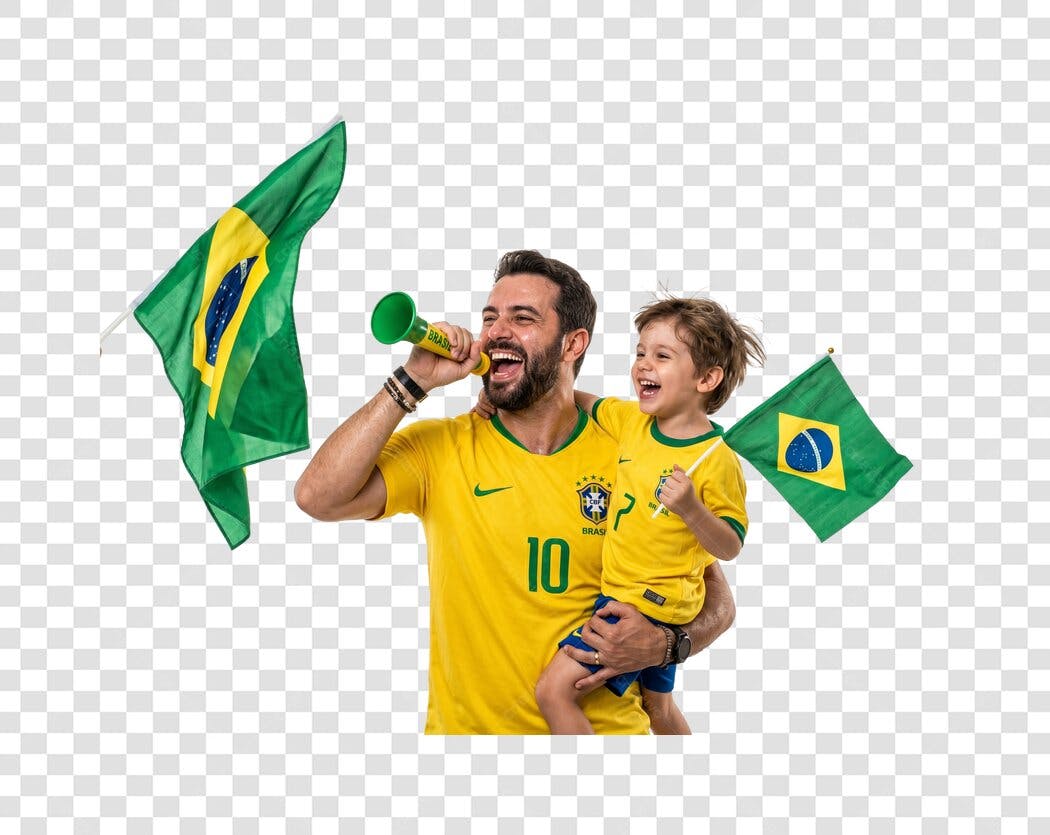 Foto Recortada Pai e Filho Torcendo Brasil PNG Fundo Transparente