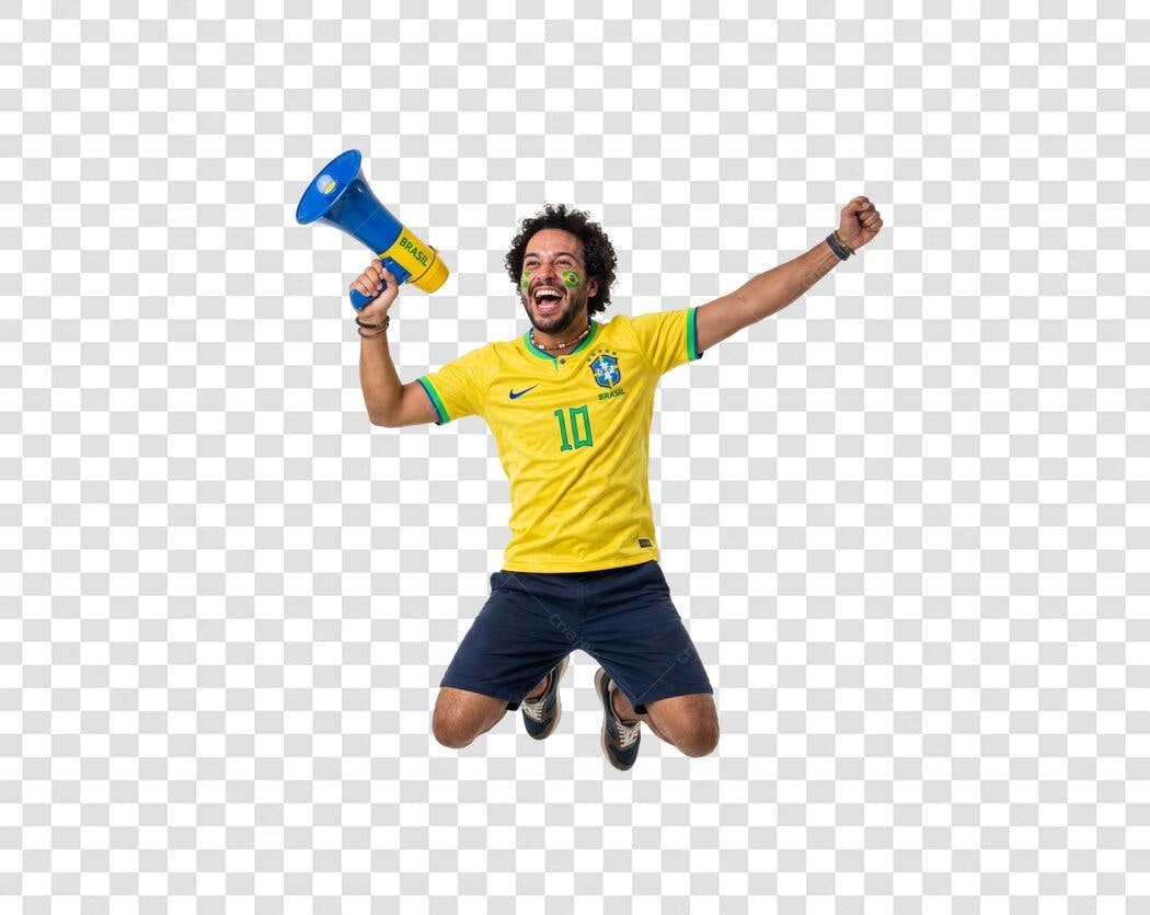 Foto Recortada Torcedor Brasileiro Pulando Com Megafone PNG Fundo Transparente
