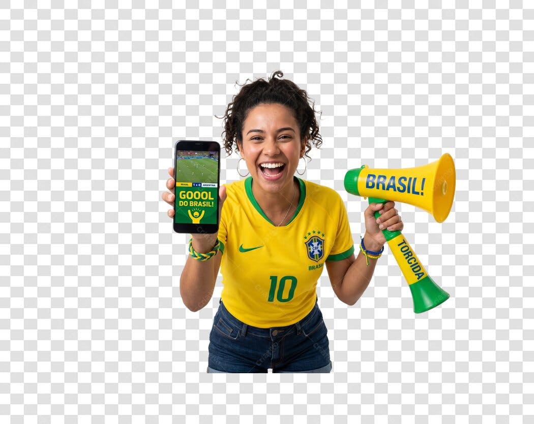 Foto Recortada Torcedora Brasil Celular Megafone PNG Fundo Transparente