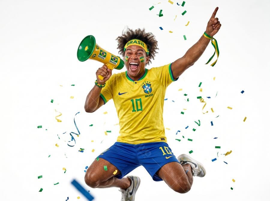 Foto Torcedor Brasileiro Jovem Pulando Celebrando Copa do Mundo