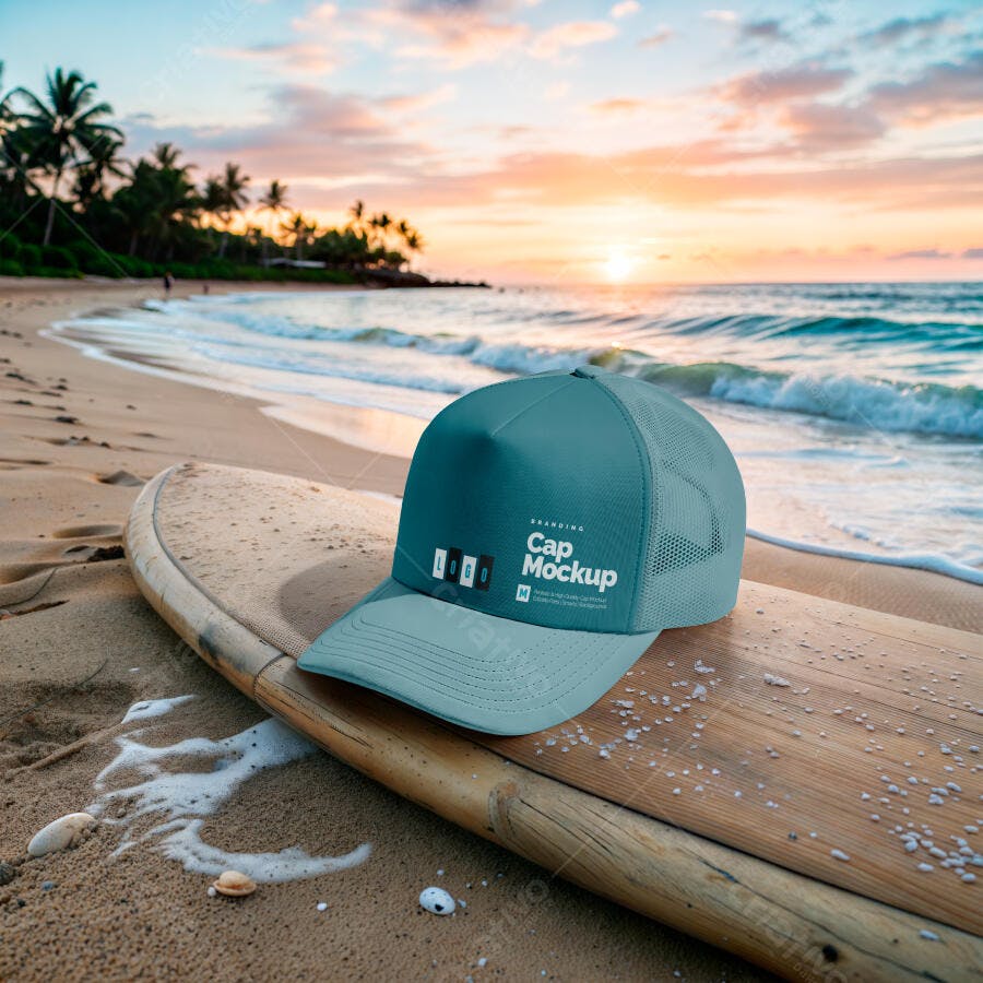 Mockup Boné Trucker Praia Prancha Surf Pôr do Sol Editável