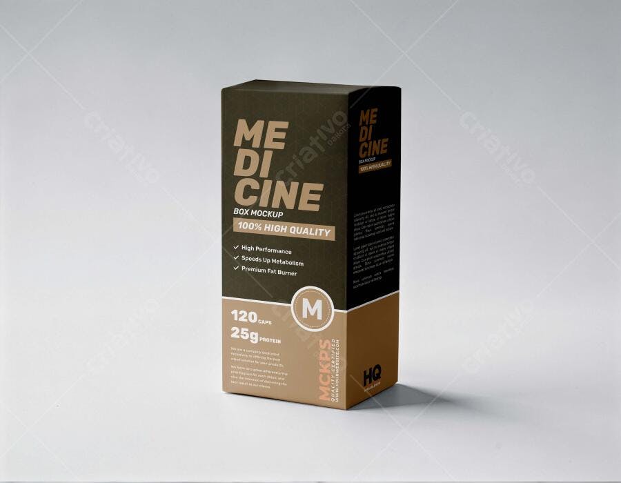 Mockup Caixa Produto Retangular Fundo Branco 3/4 Editável