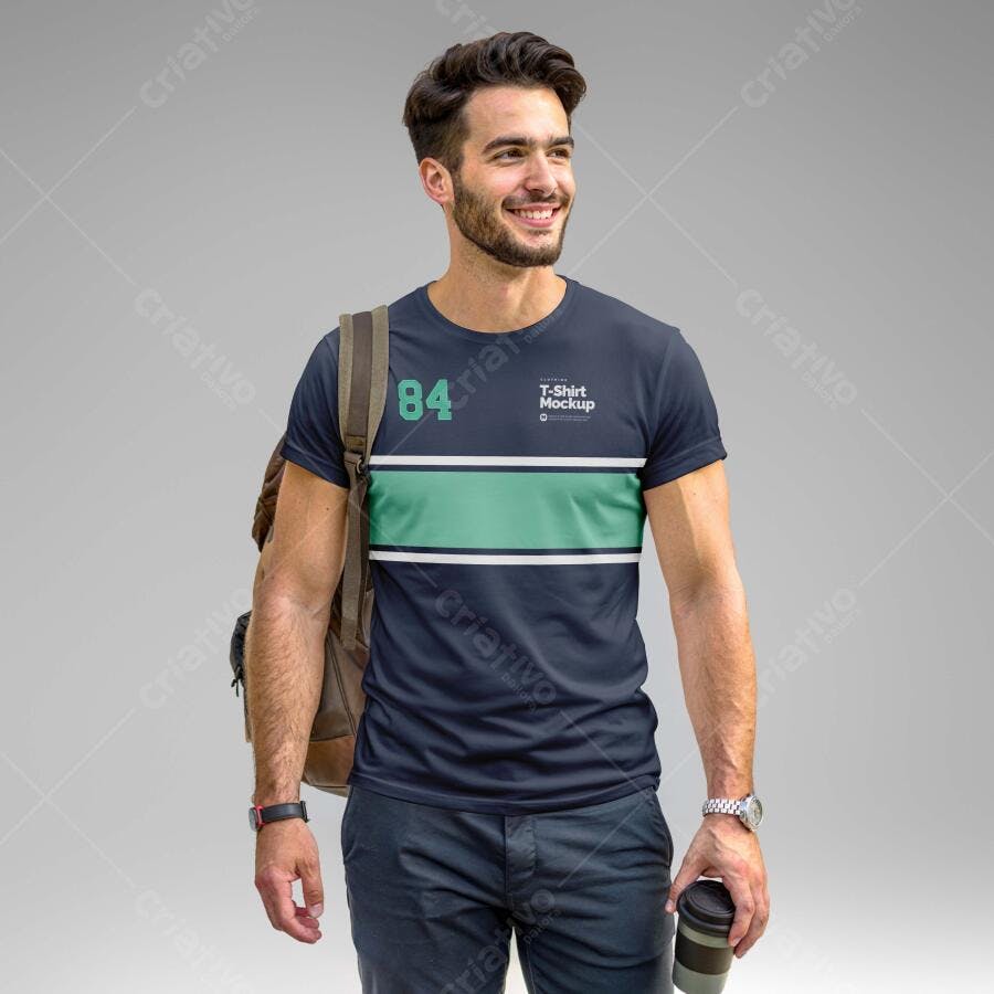 Mockup Camiseta Masculina Realista Fundo Cinza Editável
