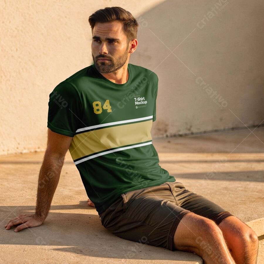 Mockup Camiseta Masculina Sentado Lifestyle Editável