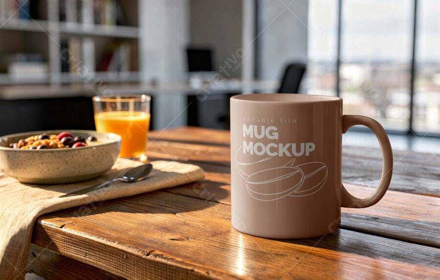 Mockup Caneca Cerâmica Marrom Mesa Madeira Café da Manhã Editável