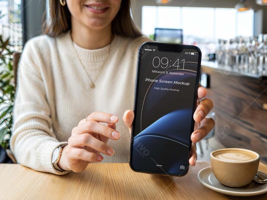 Mockup Celular Mãos Segurando Café Lifestyle Editável