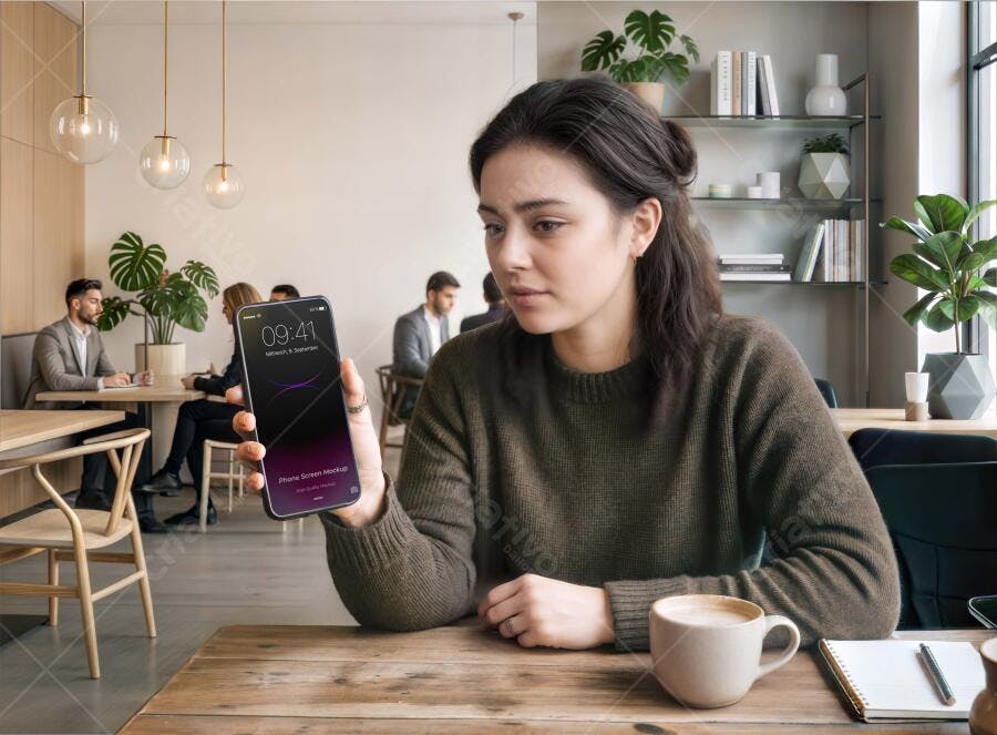 Mockup Celular Mãos Segurando Lifestyle Cafeteria Editável