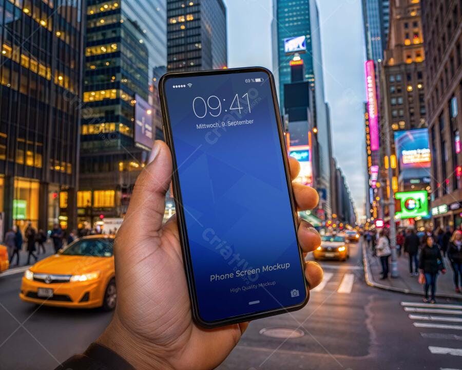 Mockup Celular Mãos Segurando Tela Fundo Urbano Editável