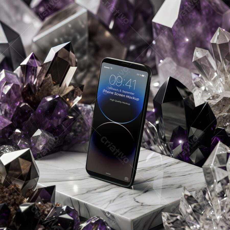 Mockup Celular Smartphone Tela Mármore Cristais Roxos Editável