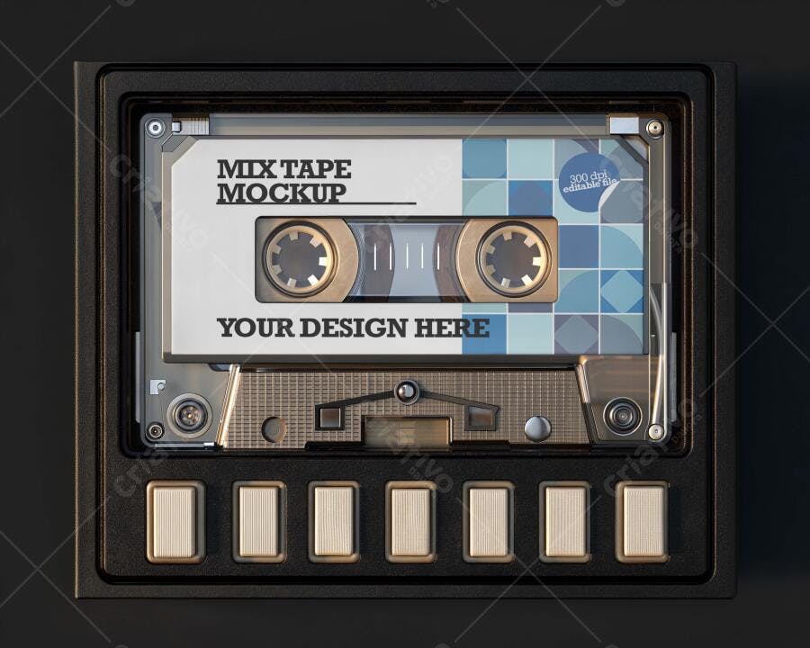 Mockup Fita Cassete Retrô Player Vista Superior Editável