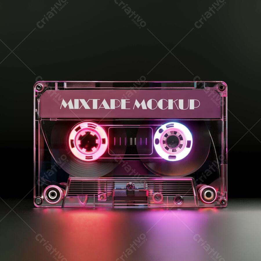 Mockup Fita Cassete Transparente Neon Frontal Editável