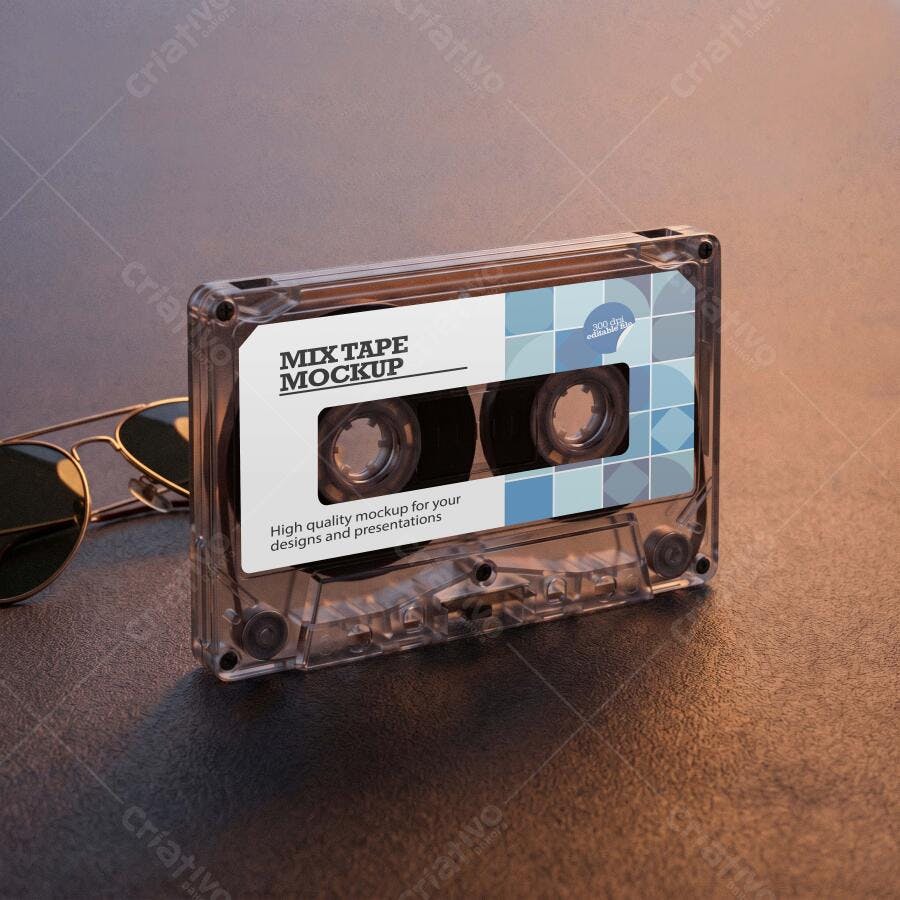 Mockup Fita Cassete Transparente Retrô Óculos Escuros Editável