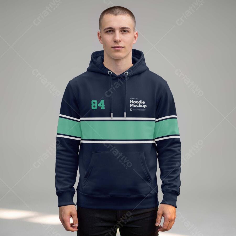 Mockup Hoodie Masculino Azul Marinho Frente Fundo Cinza Editável