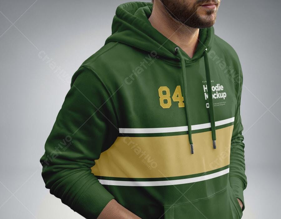 Mockup Hoodie Masculino Verde 3/4 Fundo Cinza Editável