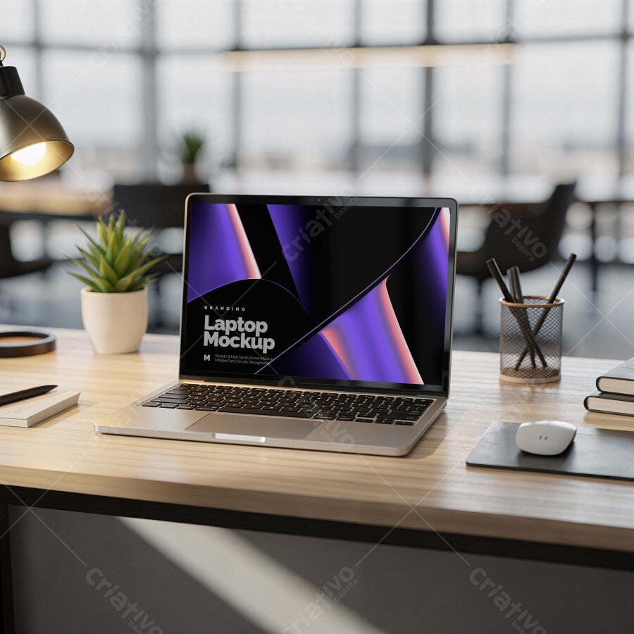 Mockup Notebook Realista Mesa Escritório Ambiente Corporativo Editável