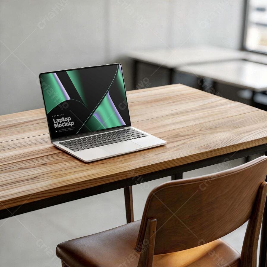 Mockup Notebook Realista Mesa Madeira Cenário Escritório Editável