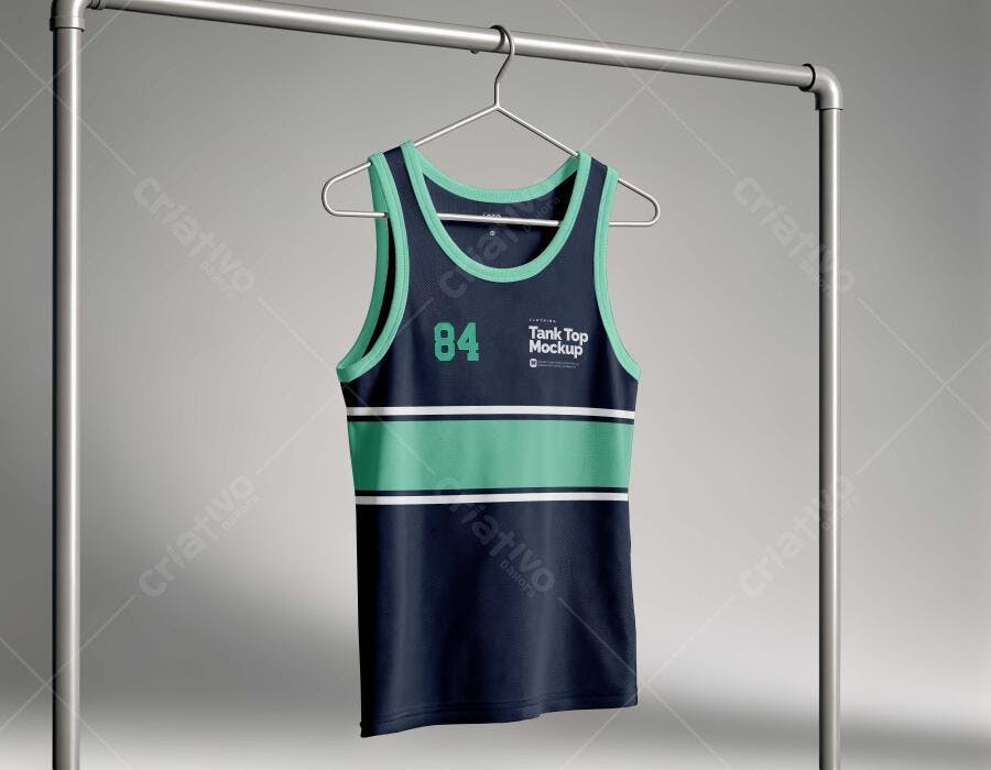 Mockup Regata Masculina Esportiva Cabide Fundo Cinza Editável