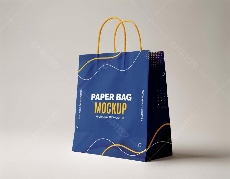 Mockup Sacola Papel Azul 3/4 Fundo Claro Editável
