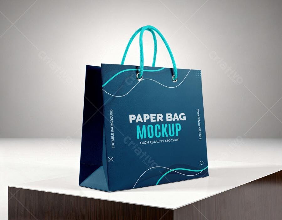 Mockup Sacola Papel Azul Marinho Alça Turquesa Editável