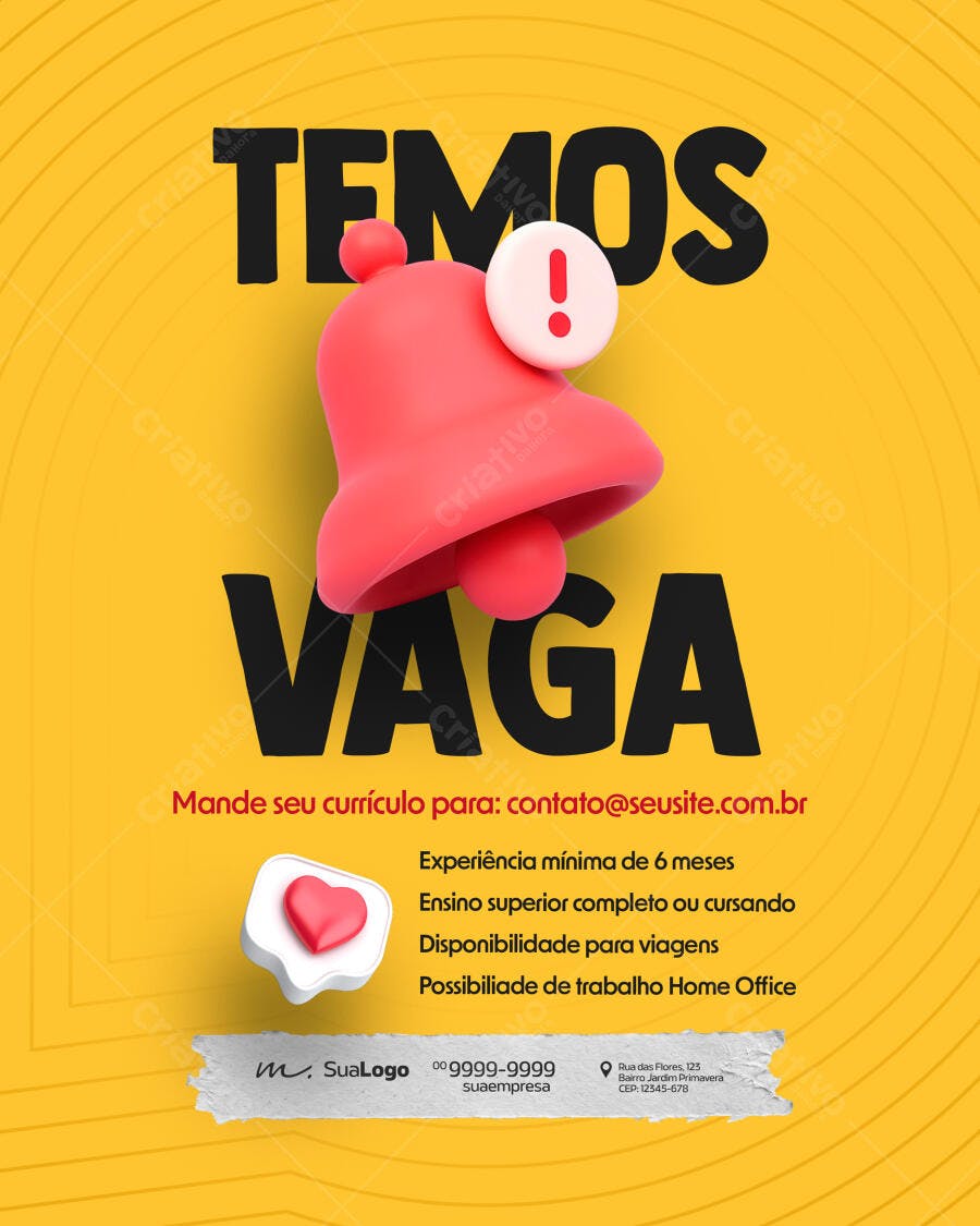 Post Instagram Temos Vaga Recrutamento PSD Editável